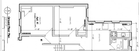 Floor plan for 2 beds, 1 bath, 617 sqft